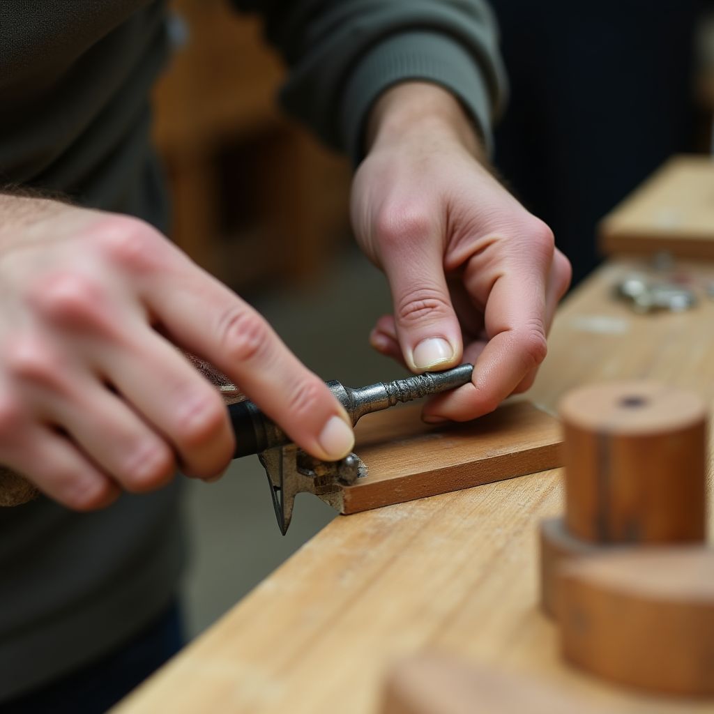 Detailaufnahme eines Handwerkers bei der präzisen Holzbearbeitung