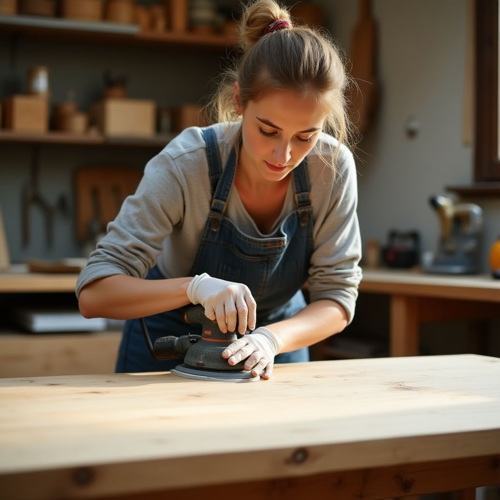 Handwerkerin beim Schleifen und Finish eines Holztisches