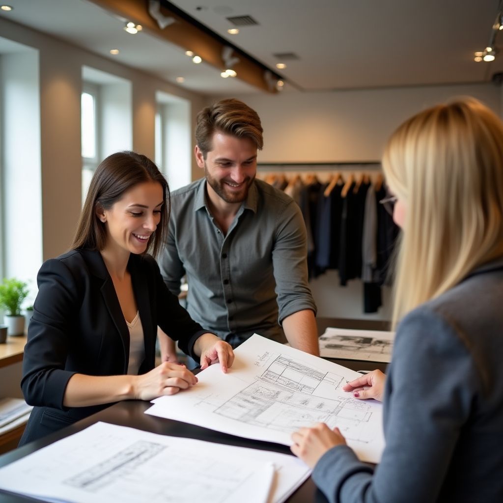 Designbesprechung mit Kunden anhand von Materialmustern und Zeichnungen